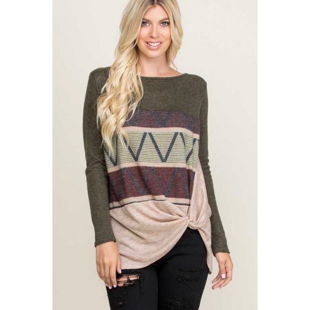 Olive and Tan Block Stiped Long Sleeve Sweater with a Twist Tie size 3XL